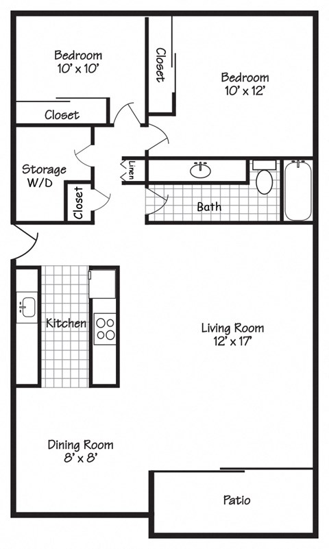 Floor plan for 2 beds, 1 bath, 907 sqft